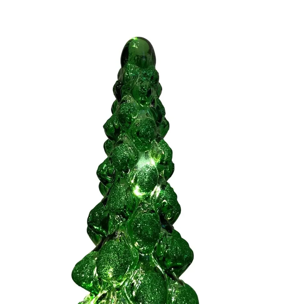 Illuminated Green Glitter Glass Christmas Tree 15.5in Chic Holiday Decor New